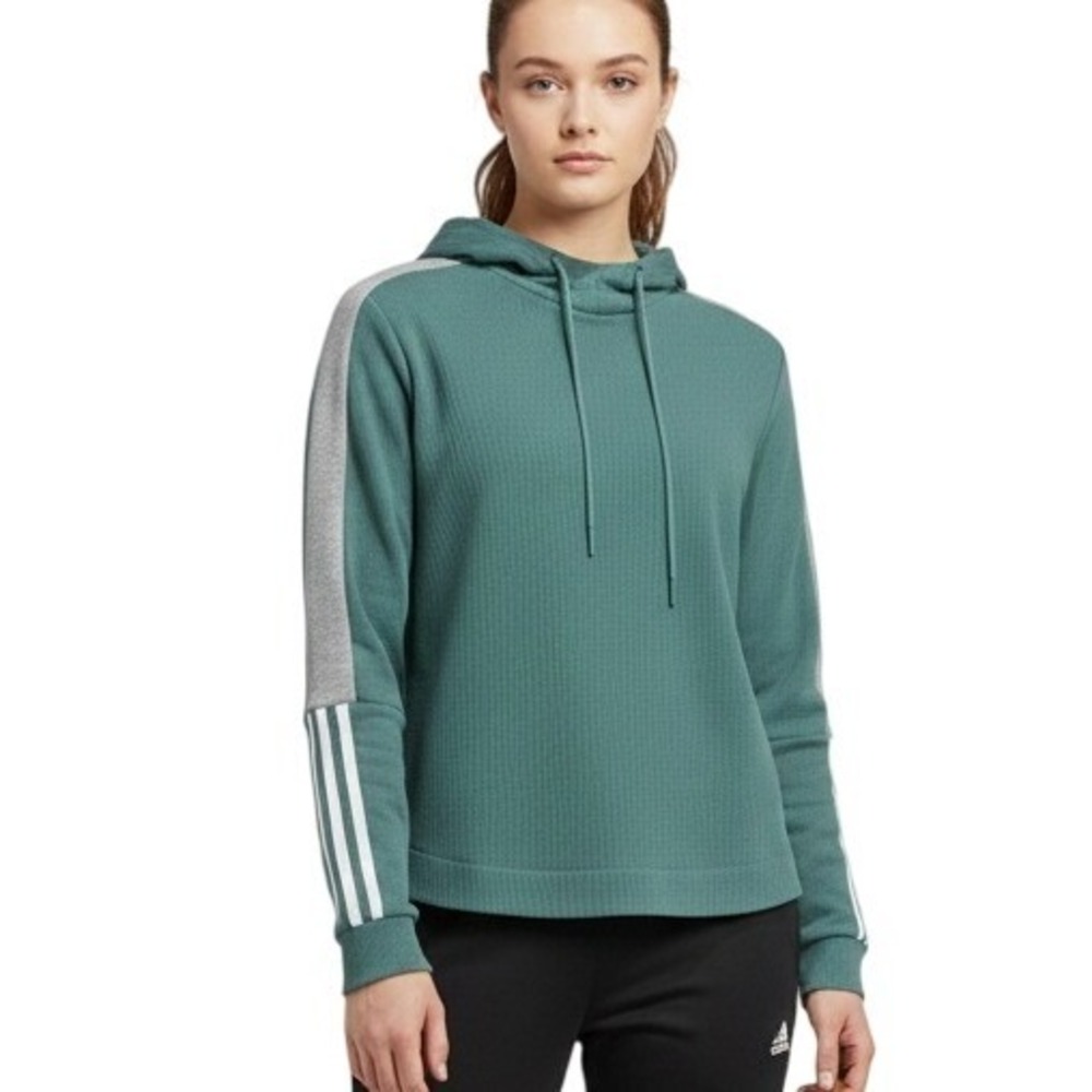 Adidas Hoodie Womens XL Green Gray Ribbed Pullover Drawstring 3 Stripe DH8113